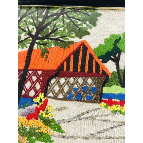Vintage Crewel Long Stitch Framed Fiber Art Stream Covered Bridge Cottage Trees - Picture 4 of 10